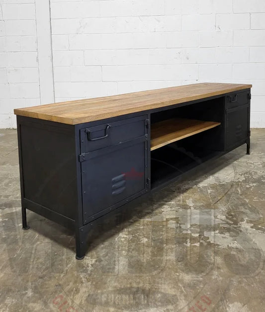 Industrial TV cabinet in black steel with locker style and mango wood top