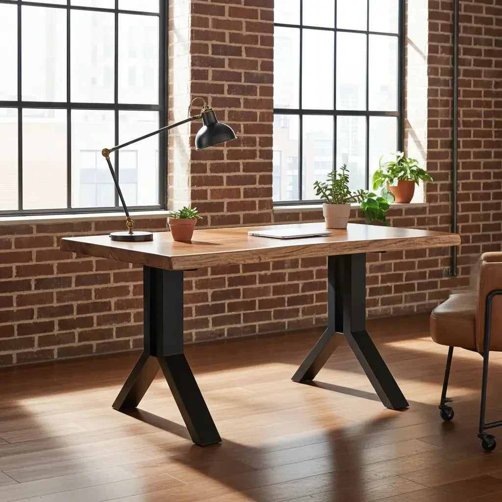 Solid acacia wood work desk on black steel legs - – Vindus Furniture