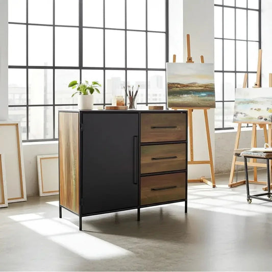 Commode en bois recyclé avec porte en acier et 3 tiroirs Vindus Furniture
