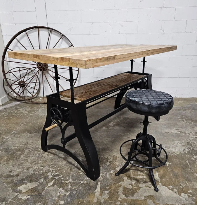 Crank dining table with matt black steel base and natural mango wood top