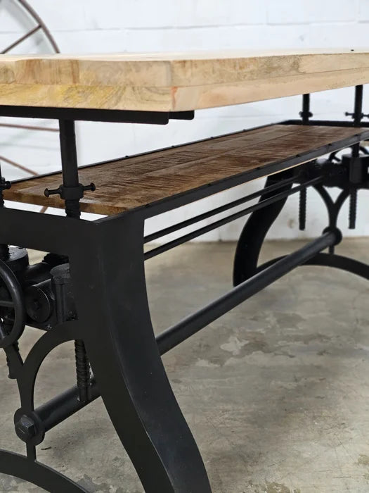 Crank dining table with matt black steel base and natural mango wood top