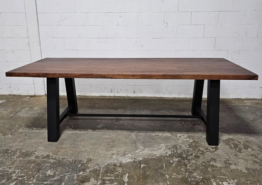 Industrial Dining Table Workbench Style Black Steel Leg with Acacia Top
