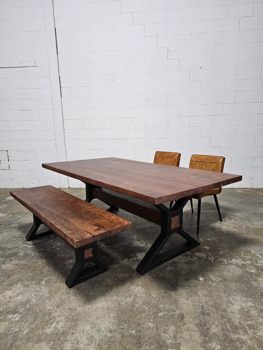 Matte black X-leg dining table with brown acacia top and 1 matte black X-leg bench in brown acacia wood