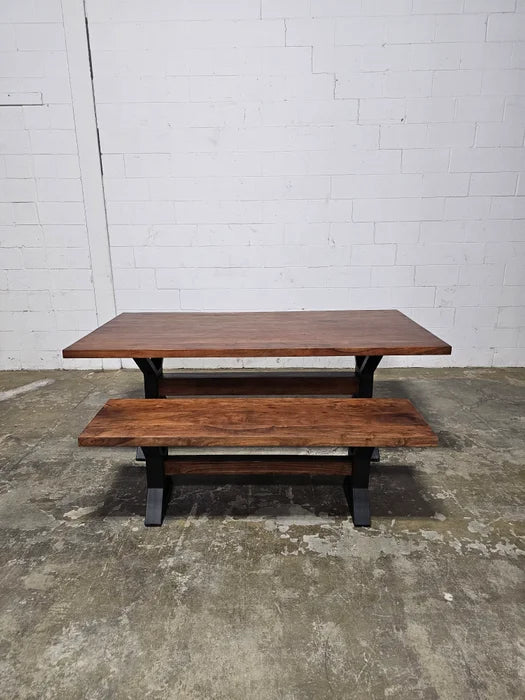 Matte black X-leg dining table with brown acacia top and 1 matte black X-leg bench in brown acacia wood