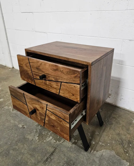 Table d'appoint style Mid-Century en bois D'Acacia avec 2 tiroirs