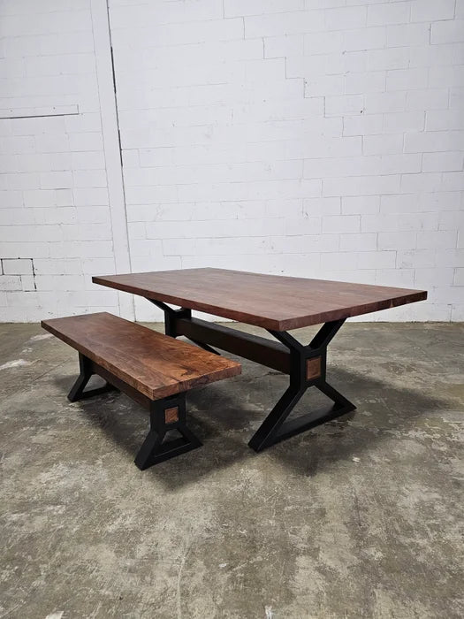 Matte black X-leg dining table with brown acacia top and 1 matte black X-leg bench in brown acacia wood