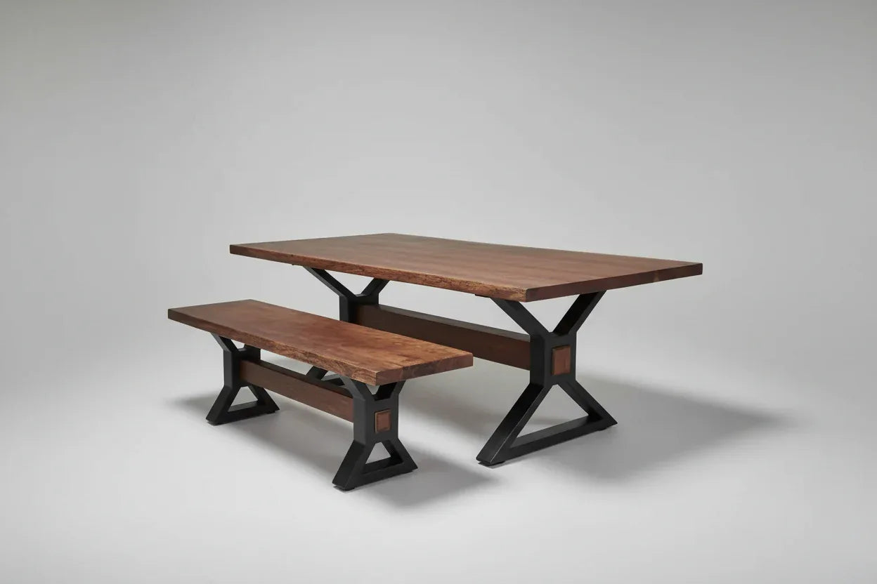 Table à diner patte en X noir mat avec plateau en Acacia Brun et 1 Banc patte en X noir mat en bois d'acacia brun Vindus Furniture