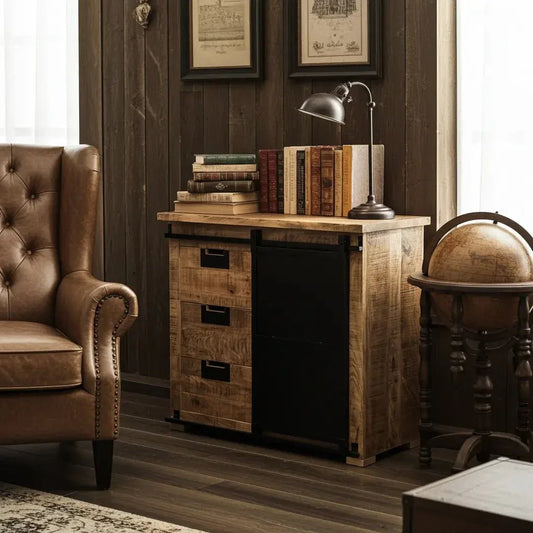 Meuble Commode Raven en bois de manguier porte coulissante en acier noir Vindus Furniture