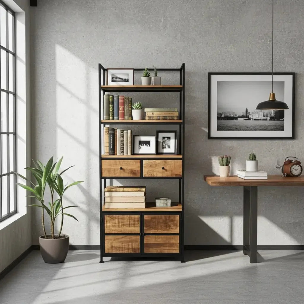 Industrial style shelf in mango wood and black steel with 2