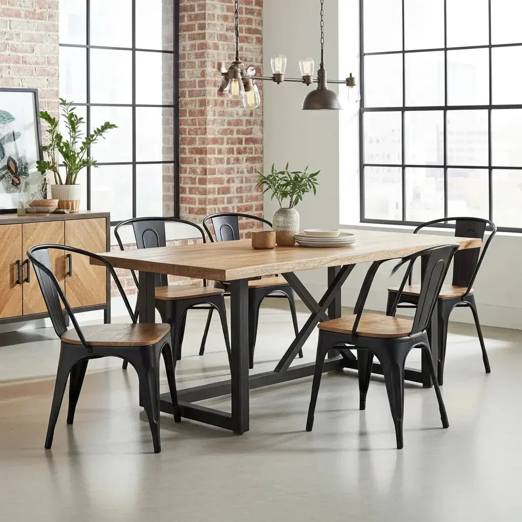 Une photographie d'intérieur présentant une salle à manger au style industriel avec des chaises tolix.