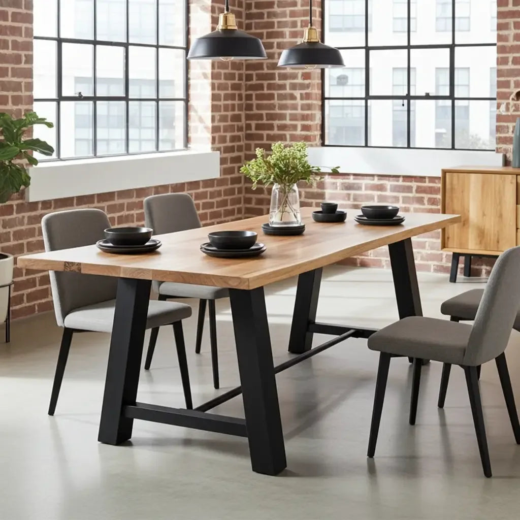 Une photographie d'intérieur présentant une salle à manger au style industriel loft.