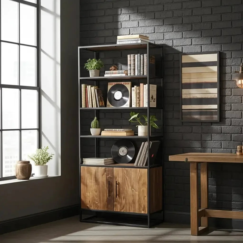 Une photographie d'intérieur présentant une étagère en bois d'acacia au style industriel chic.