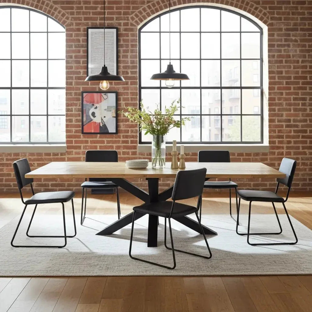 Une photographie d'intérieur présentant une table de salle à manger en bois de manguier et patte en araignée au style industriel.
