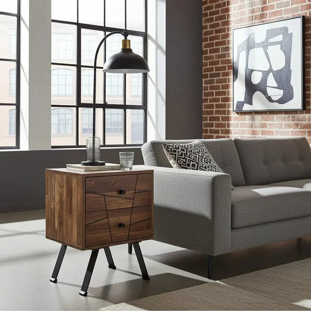 Une photographie d'intérieur présentant un salon au style industriel avec une table d'appoint en acacia.