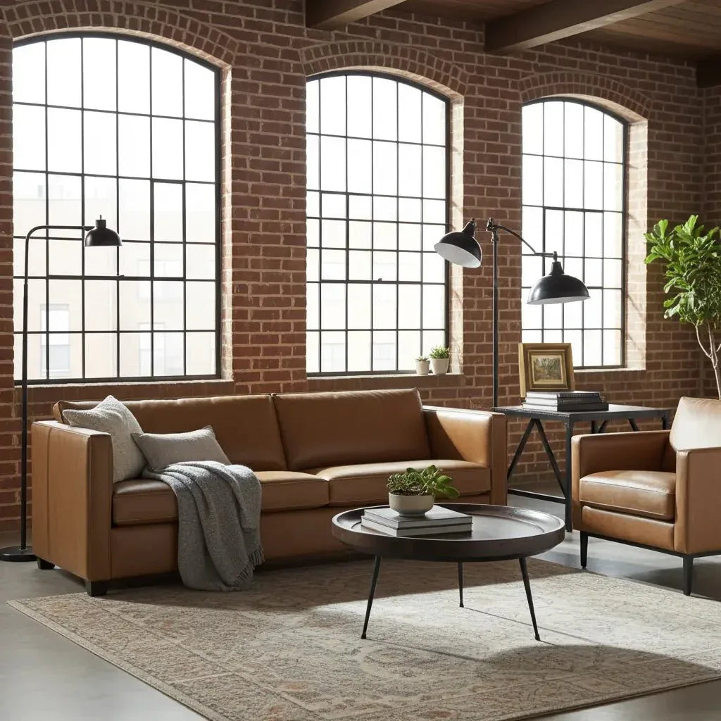 Une photographie d'intérieur présentant un salon au style industriel chaleureux.