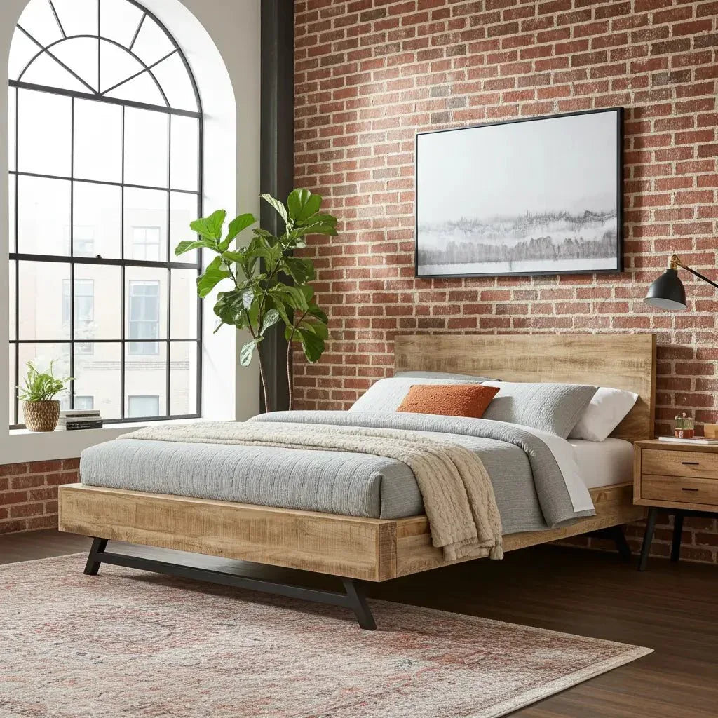 Une photographie d'intérieur présentant une chambre à coucher au style industriel chic.