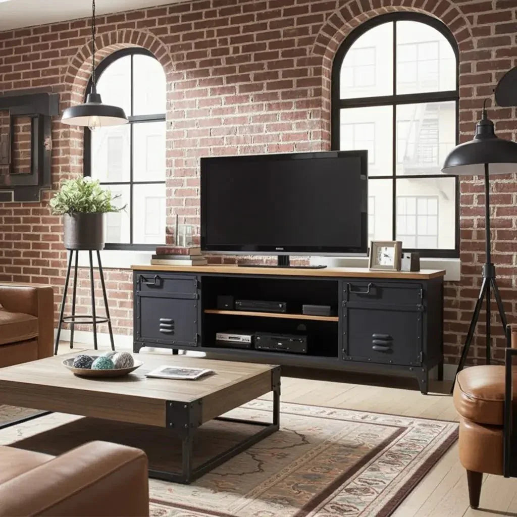 Une photographie d'intérieur présentant un salon avec un meuble tv bois et acier au style industriel loft.
