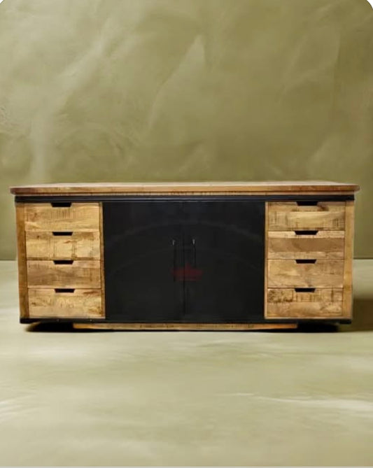 Buffet en bois de manguier avec double portes coulissantes en acier tiroirs naturel