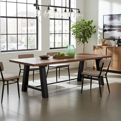 Table à diner industrielle style Établie patte en acier noir avec plateau en acacia Vindus Furniture