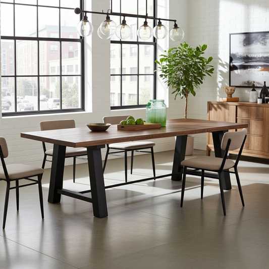 Industrial Dining Table Workbench Style Black Steel Leg with Acacia Top