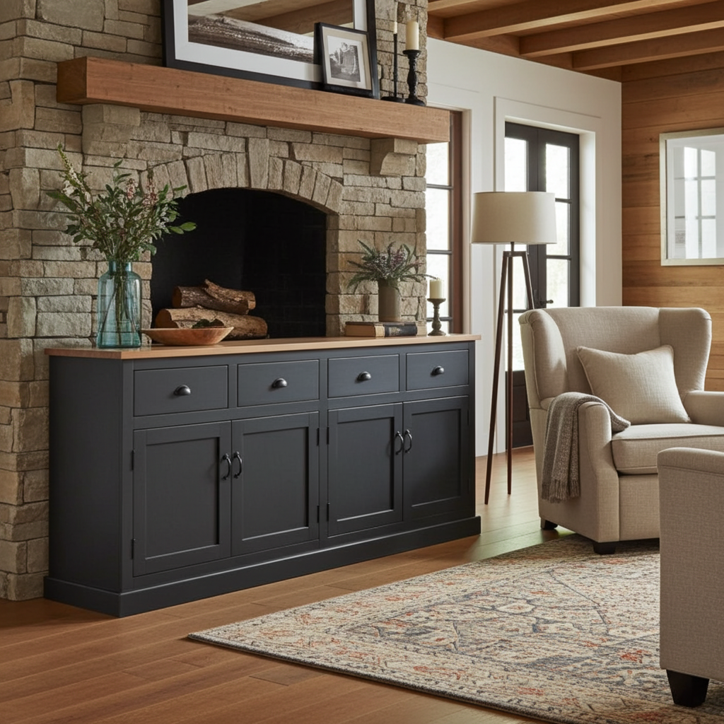 Buffet campagnard en bois de manguier fini noir antique