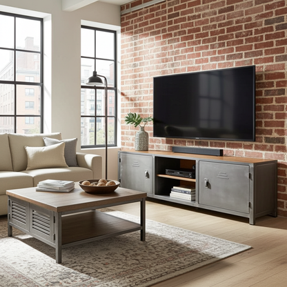 Meuble télé industriel bois antique et acier avec 2 portes style casier