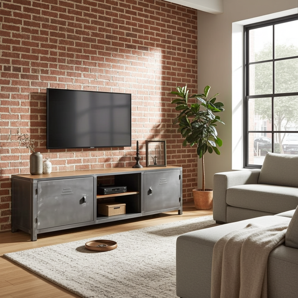 Meuble télé industriel bois antique et acier avec 2 portes style casier