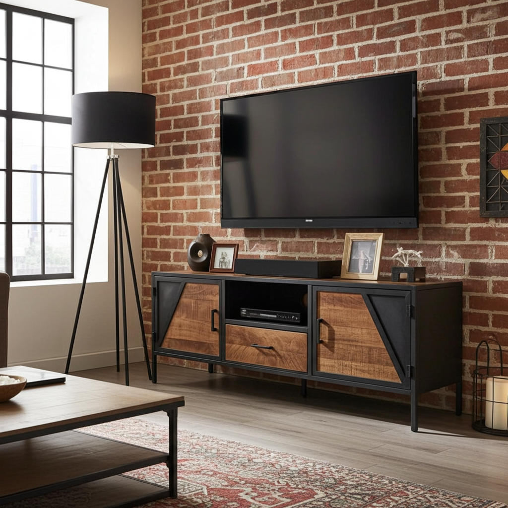 AZERA TV Stand Mango Wood and Vintage Gray Steel