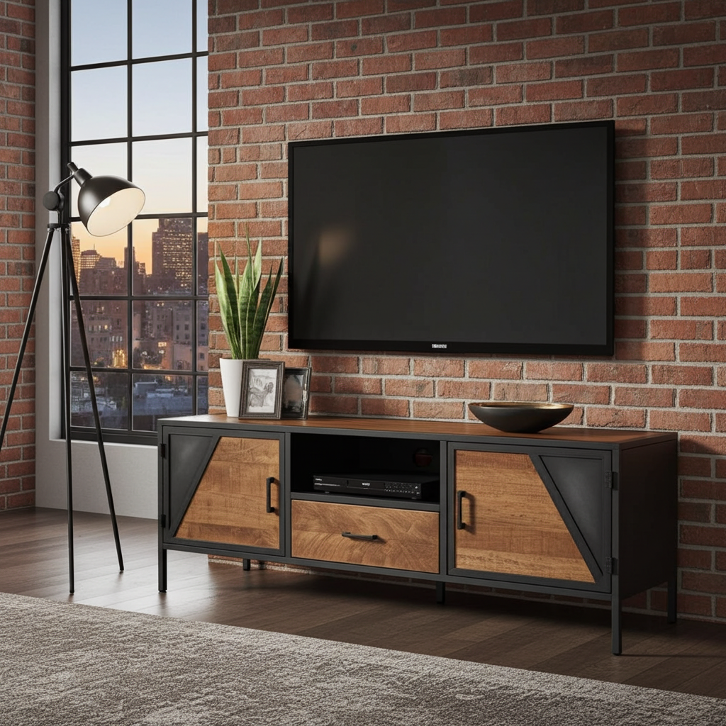 AZERA TV Stand Mango Wood and Vintage Gray Steel