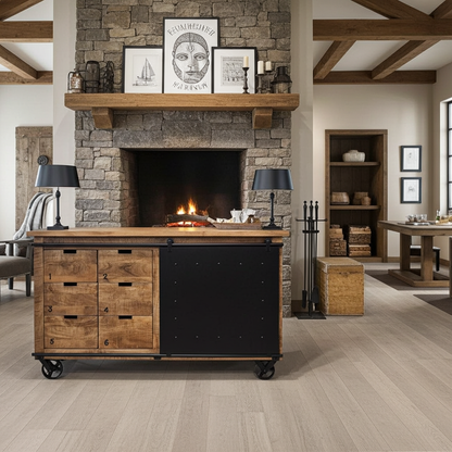 Buffet industriel en bois de manguier et acier noir sur roue avec 6 tiroirs et porte en acier coulissante