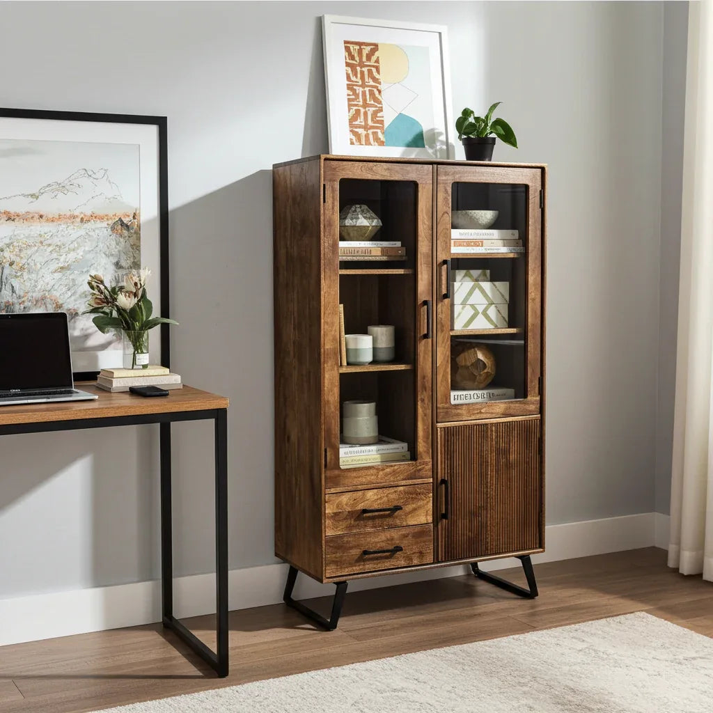 Armoire Arezzo en bois de manguier portes vitrées