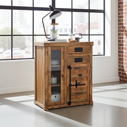 Container-style cabinet made of mango wood with glass door and 2 drawers