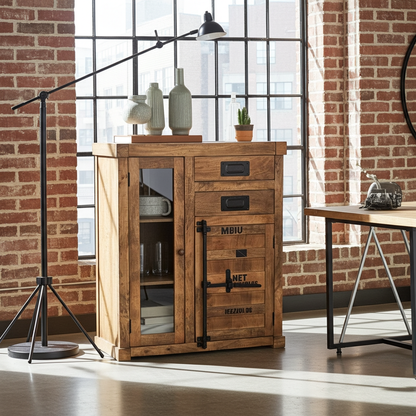 Container-style cabinet made of mango wood with glass door and 2 drawers