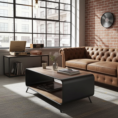 Retro coffee table made of recycled wood and steel