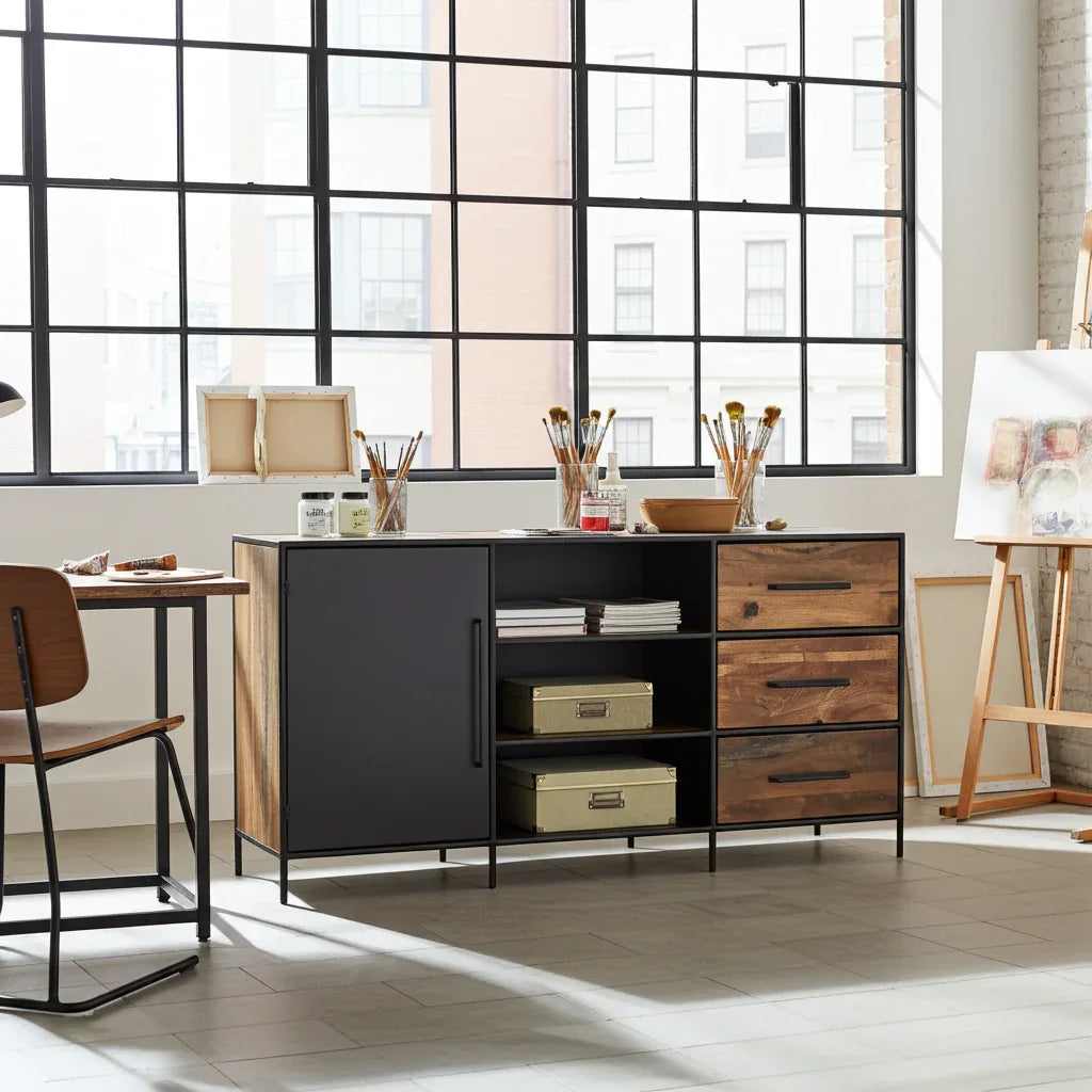 Buffet en bois recyclé avec porte en acier et 3 tiroirs
