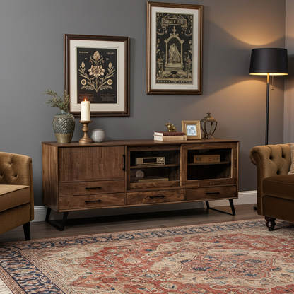 Meuble Télé Arezzo en bois de manguier portes coulissantes vitrées