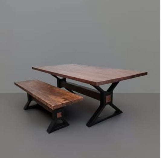 Table à diner patte en X noir mat avec plateau en Acacia Brun et 1 Banc patte en X noir mat en bois d'acacia brun