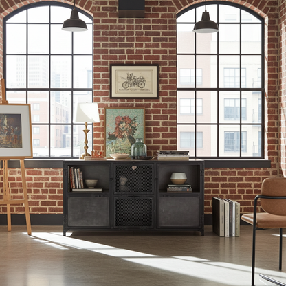 Buffet Ibiza en bois de manguier et acier brut portes vitrées