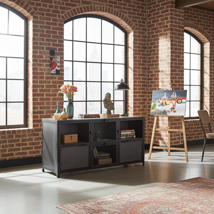 Buffet Ibiza en bois de manguier et acier brut portes vitrées