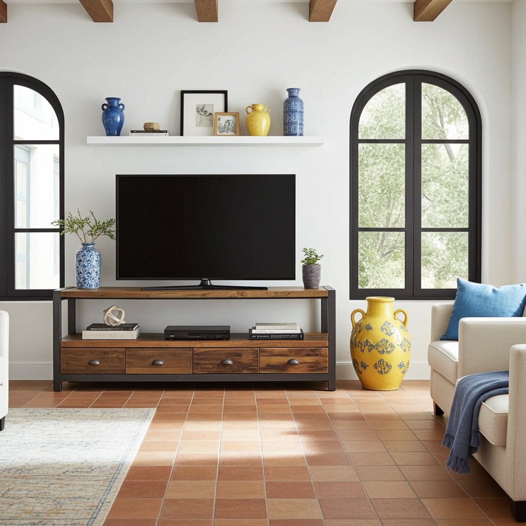 Meuble tv industriel bois Recyclé et acier avec 4 tiroirs