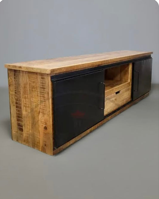 Mango wood TV cabinet with 2 sliding steel doors