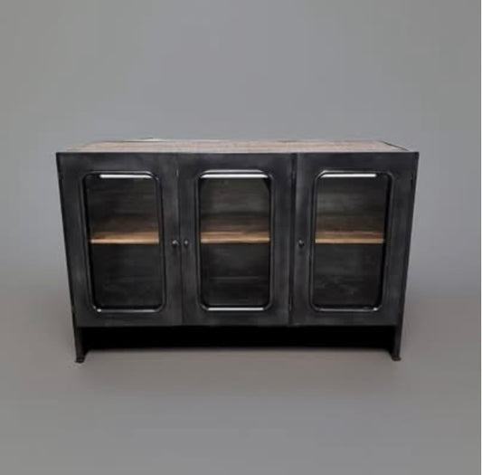 Buffet Hublot Style Industriel bois et acier vintage avec trois portes vitrées