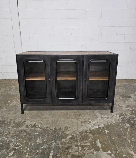 Industrial Style Hublot Sideboard in vintage wood and steel with three glass doors
