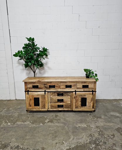 Farmhouse sideboard in raw mango wood with sliding doors and 4 drawers