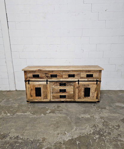 Farmhouse sideboard in raw mango wood with sliding doors and 4 drawers