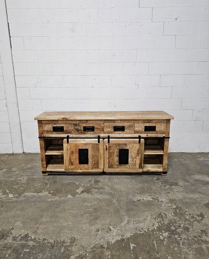 Farmhouse sideboard in raw mango wood with sliding doors and 4 drawers