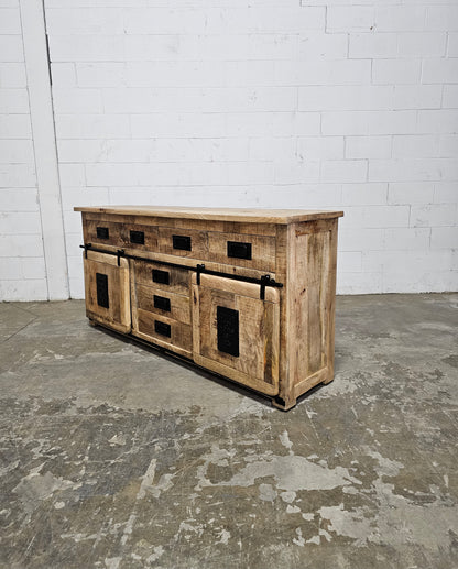 Farmhouse sideboard in raw mango wood with sliding doors and 4 drawers