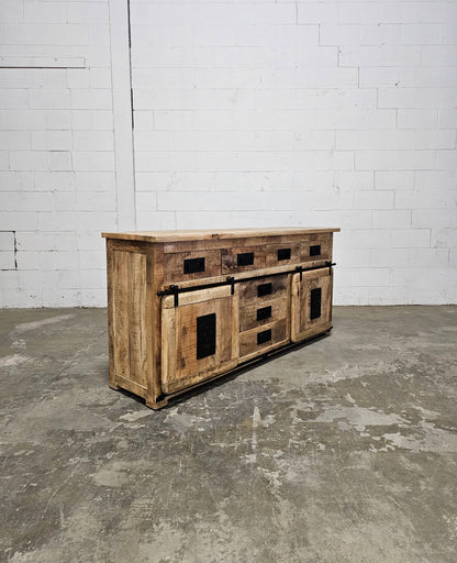 Farmhouse sideboard in raw mango wood with sliding doors and 4 drawers