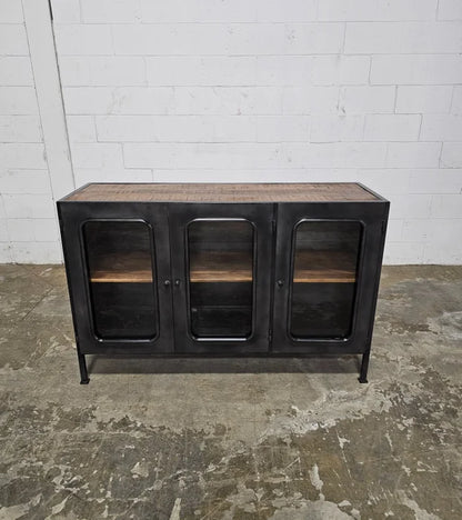 Buffet Hublot Style Industriel bois et acier vintage avec trois portes vitrées