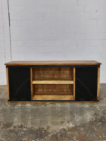 Mango wood sideboard with double sliding steel doors and black drawers